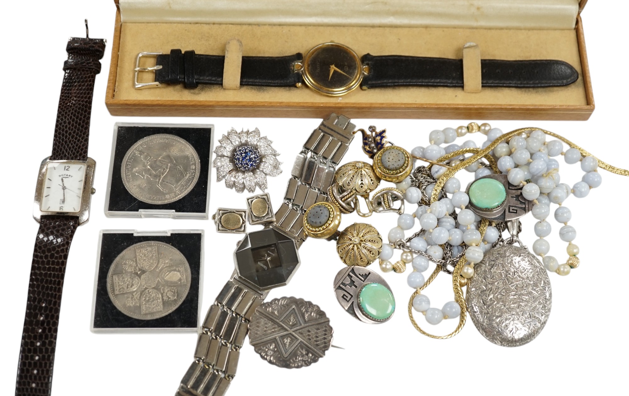 Sundry jewellery and watches, including a late Victorian silver oval locket, an agate bead necklace, Gucci watch silver brooch, enamel diamond and seed pearl set pin, etc. Condition - poor to fair